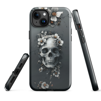 Gothic phone case with a floral skull design in grey tones, featuring white blossoms and dark detailing.