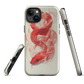 Phone case with red snake design on a cream background, coiled in smoky detail. Bold artwork by NZ designer Ben Hart.