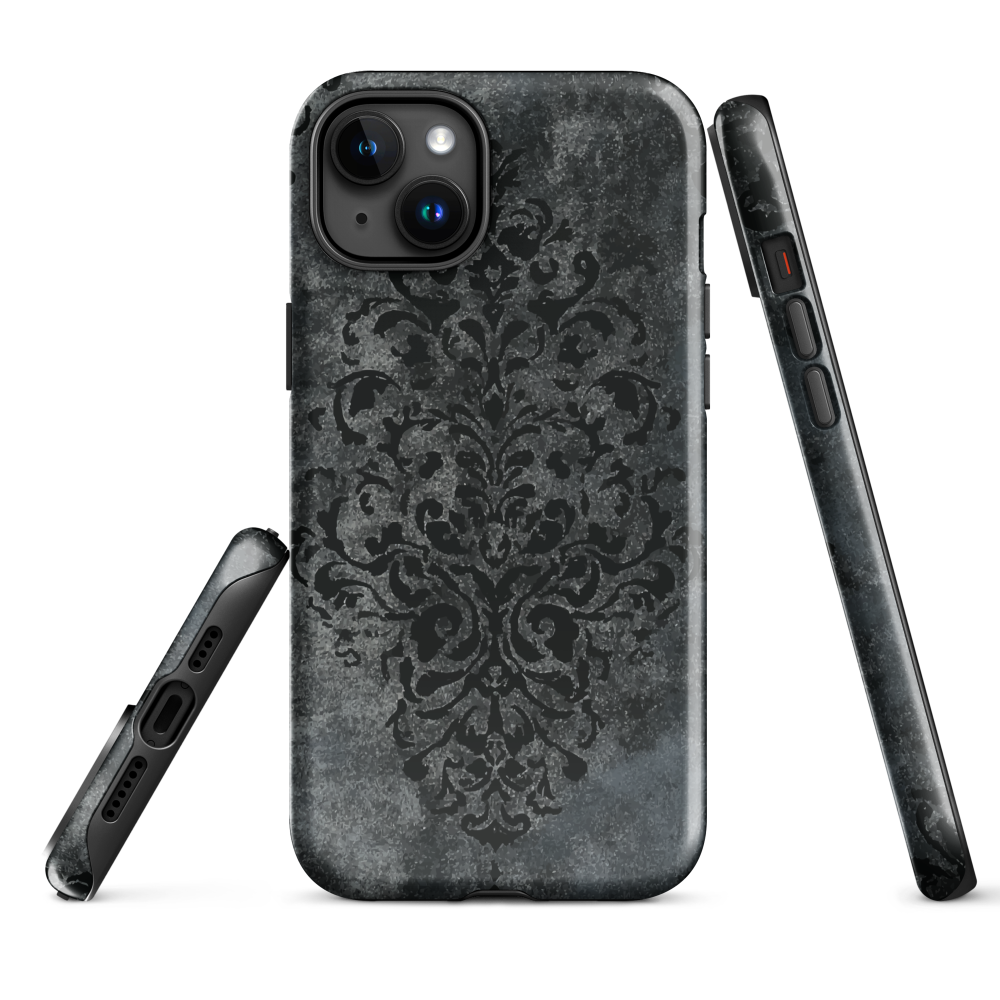 Dark damask patterned phone case with a vintage gothic aesthetic and textured stone background.