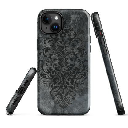 Dark damask patterned phone case with a vintage gothic aesthetic and textured stone background.