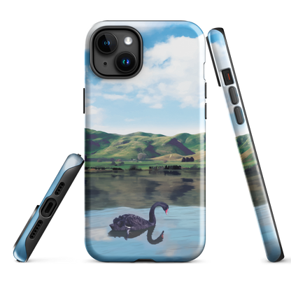 Phone case with a black swan on a calm lake, New Zealand hills in the background. Art by NZ designer Ben Hart.
