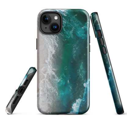 Ocean wave phone case with abstract beach design in teal and white, by NZ artist Ben Hart.