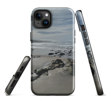Phone case with artwork of Riversdale Beach, Masterton – rocks, waves and sky by NZ artist Ben Hart.