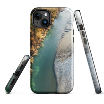 Phone case with aerial riverbend artwork and earthy tones, designed by New Zealand artist Ben Hart.