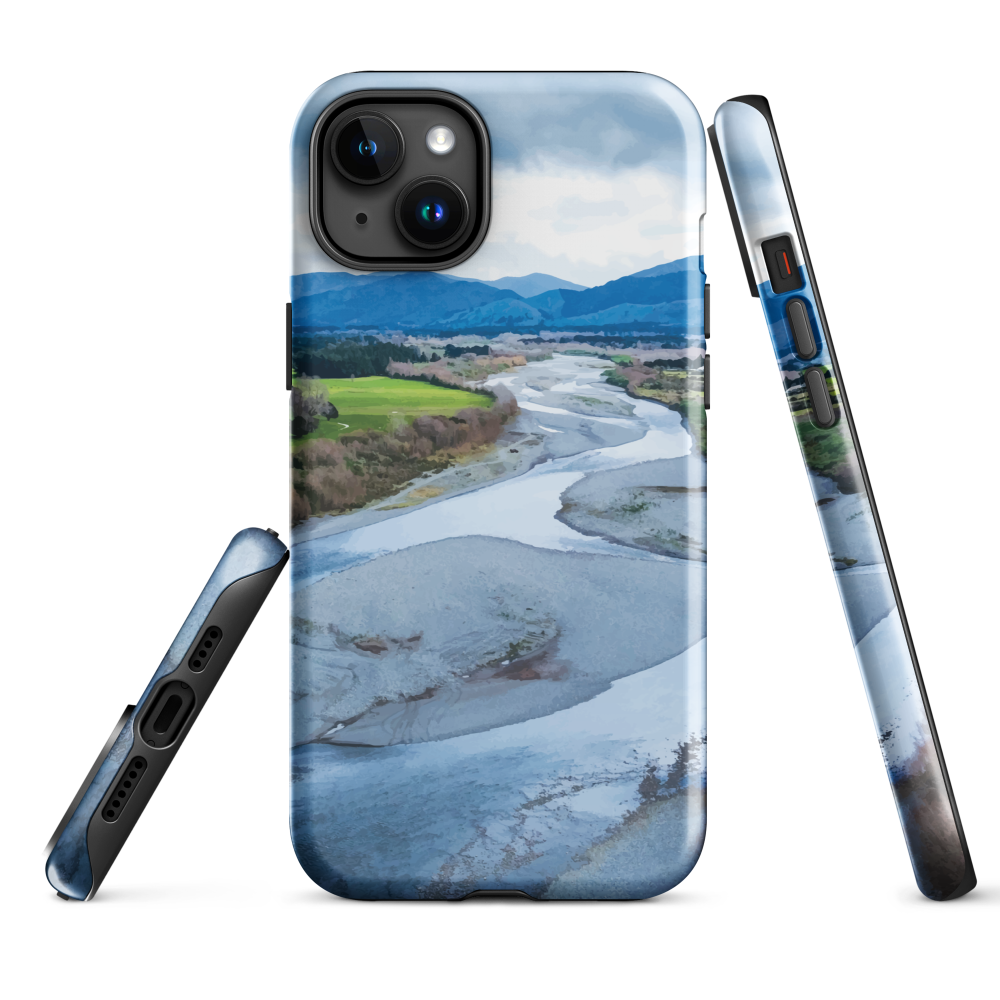 Waiohine phone case featuring artwork of New Zealand’s braided riverbed landscape in the Wairarapa.