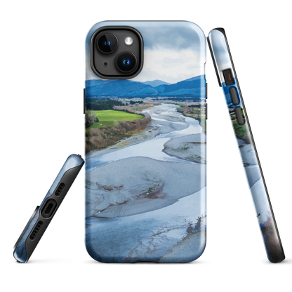 Waiohine phone case featuring artwork of New Zealand’s braided riverbed landscape in the Wairarapa.