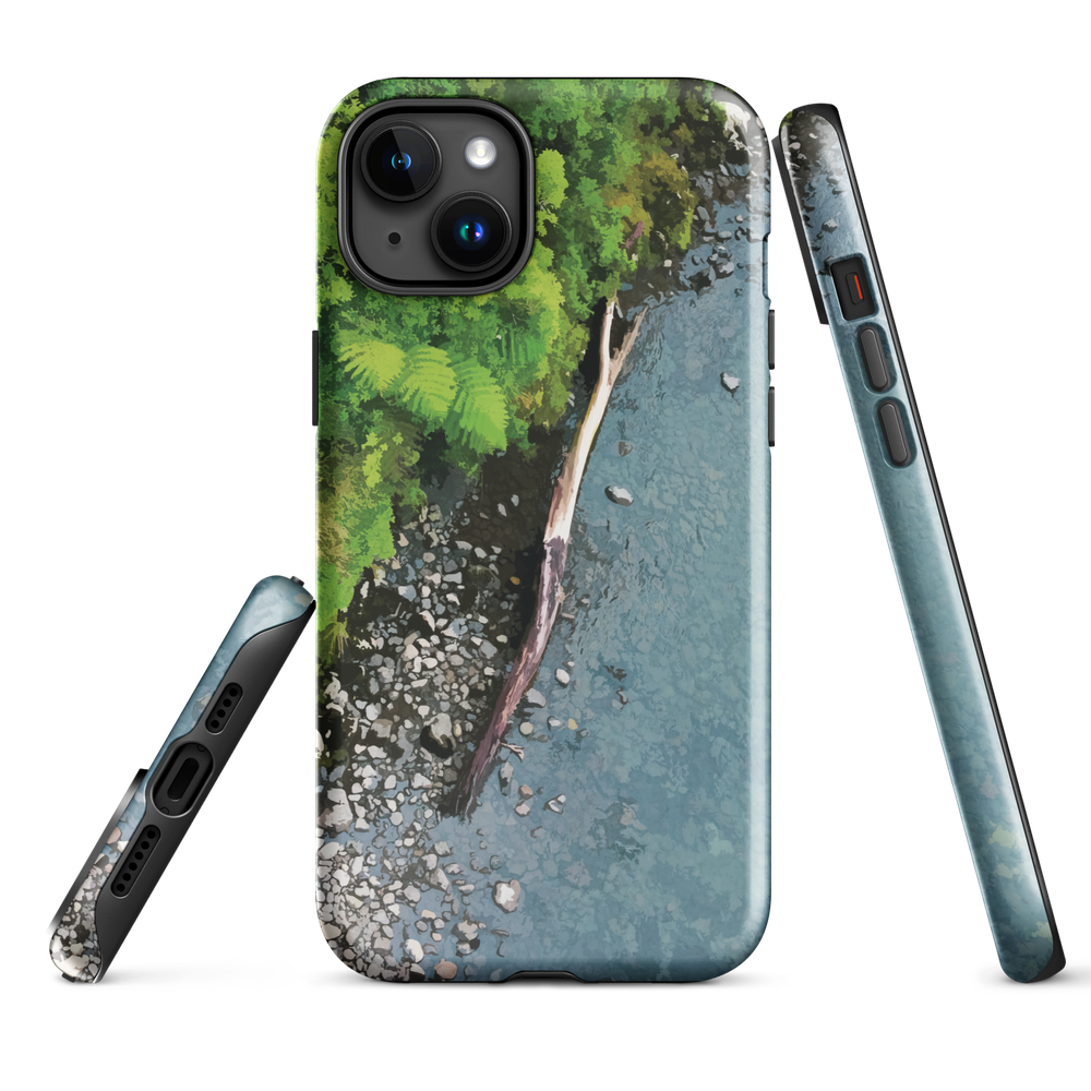 Resting Place phone case with aerial artwork of river rocks, green bush, and driftwood in a New Zealand stream.