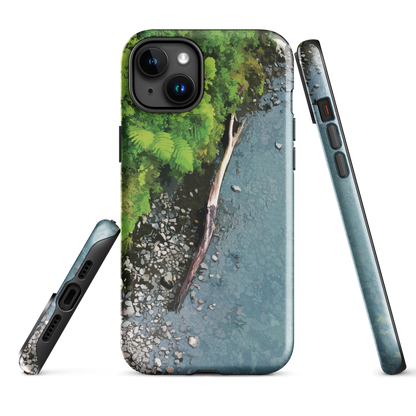 Resting Place phone case with aerial artwork of river rocks, green bush, and driftwood in a New Zealand stream.