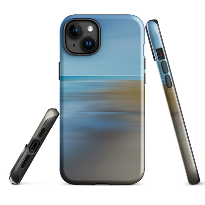 Ocean Breeze phone case with abstract blue and sandy tones inspired by sea and sky.