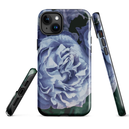 Designer phone case with a bold blue rose artwork and glossy finish.
