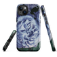 Designer phone case with a bold blue rose artwork and glossy finish.