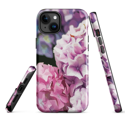 Designer phone case with pink and purple hydrangea floral artwork.