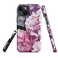 Designer phone case with pink and purple hydrangea floral artwork.