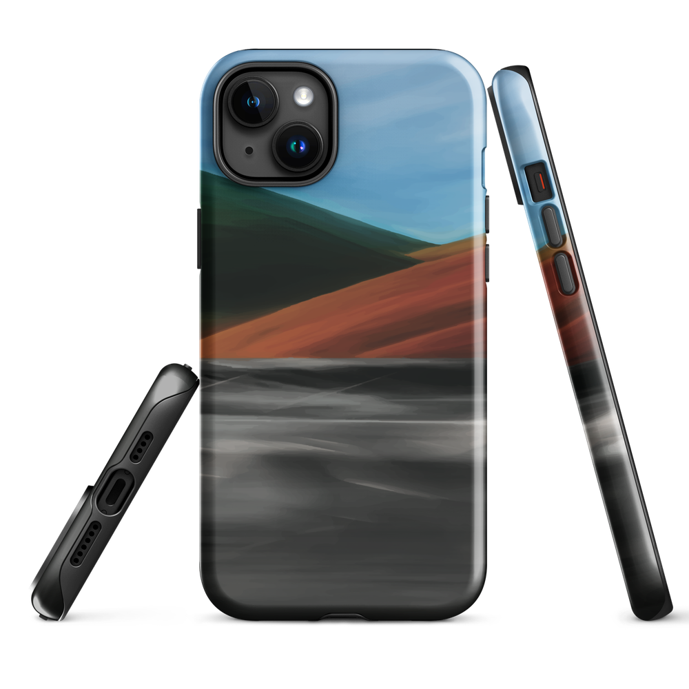 Phone case with abstract red, green, and blue heat wave landscape design.