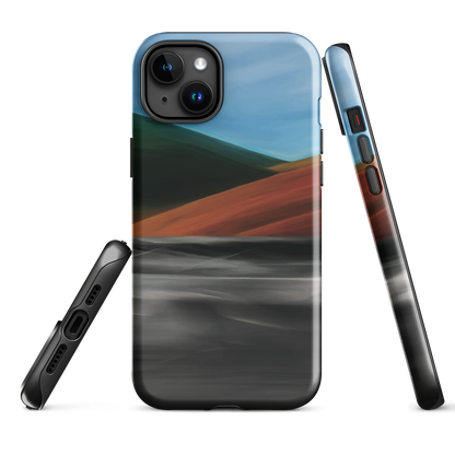 Phone case with abstract red, green, and blue heat wave landscape design.