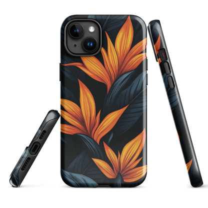 Phone case with bold orange bird of paradise flowers on dark background.