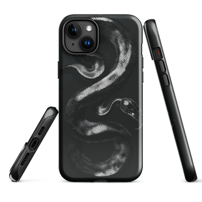 Phone case with detailed black python design on dark background.