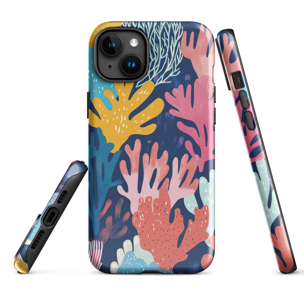 Colourful coral reef phone case design in pink, blue and yellow by NZ artist Ben Hart
