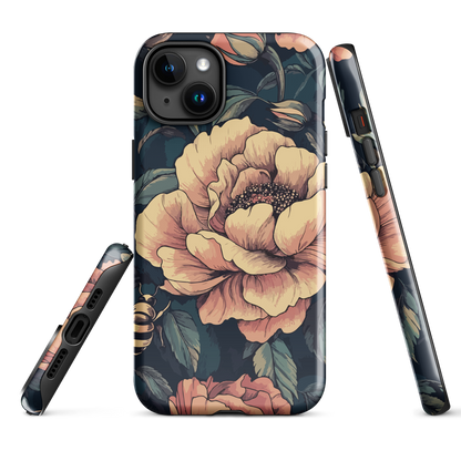 Phone case with vintage-style pink roses and bees on dark background, floral New Zealand artwork.
