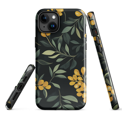 NZ Kowhai phone case with native yellow floral and green leaves on black background by designer Ben Hart.