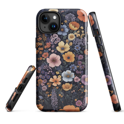 Phone case with colourful wildflowers on dark background, floral art design