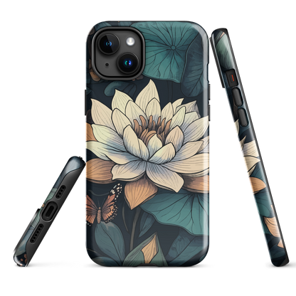 Phone case with ivory water lily, green leaves, and butterfly accents on dark background