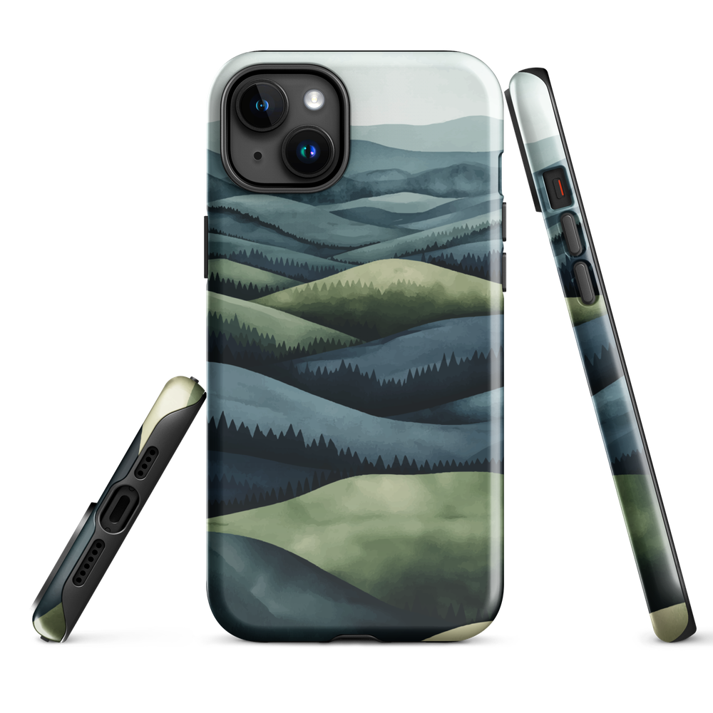 Phone case with layered mountain and forest landscape in blue and green hues