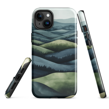 Phone case with layered mountain and forest landscape in blue and green hues