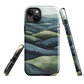 Phone case with layered mountain and forest landscape in blue and green hues