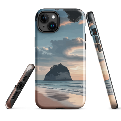 Phone case with Cathedral Cove beach and sunset scene, featuring soft skies and sea stack