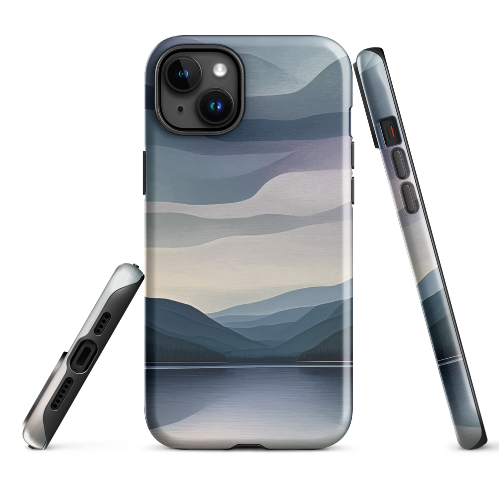 Phone case with moody blue and purple layered mountain and lake landscape artwork