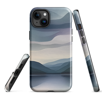 Phone case with moody blue and purple layered mountain and lake landscape artwork