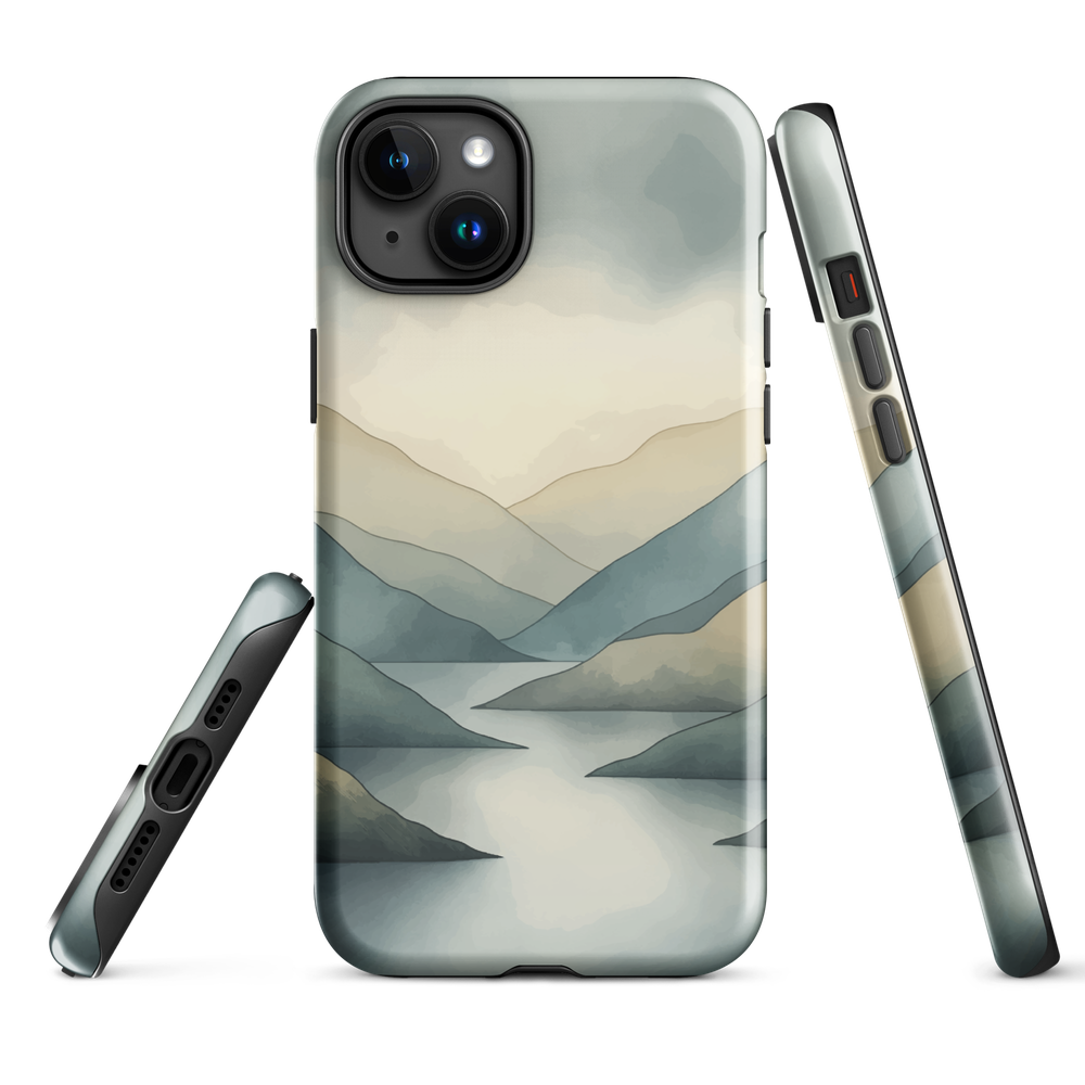 Phone case with soft mountain and valley design in misty green, blue, and golden tones