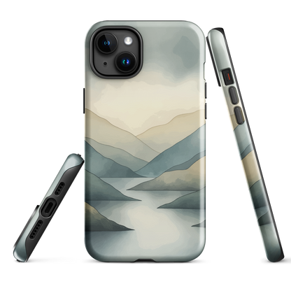 Phone case with soft mountain and valley design in misty green, blue, and golden tones