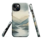Phone case with soft mountain and valley design in misty green, blue, and golden tones