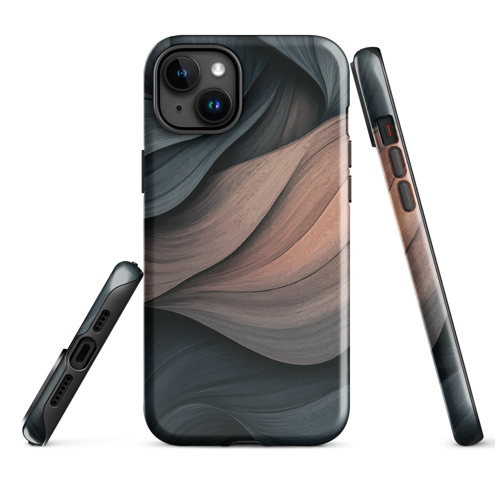 Phone case with flowing abstract design in black, copper and charcoal tones, inspired by dusk shadows