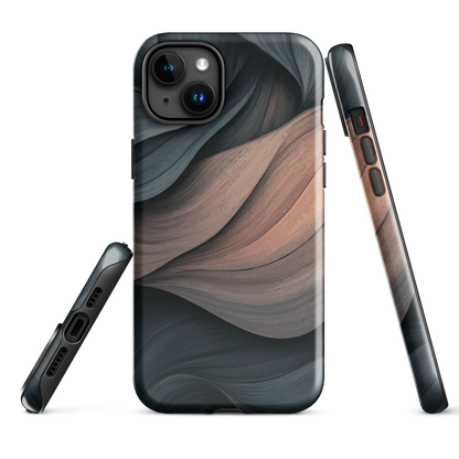 Phone case with flowing abstract design in black, copper and charcoal tones, inspired by dusk shadows