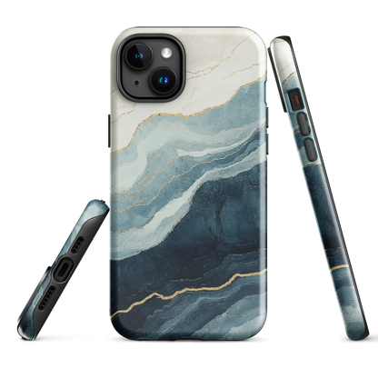 An elegant abstract phone case inspired by layered coastal forms in blue and teal tones.