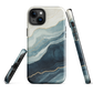 An elegant abstract phone case inspired by layered coastal forms in blue and teal tones.