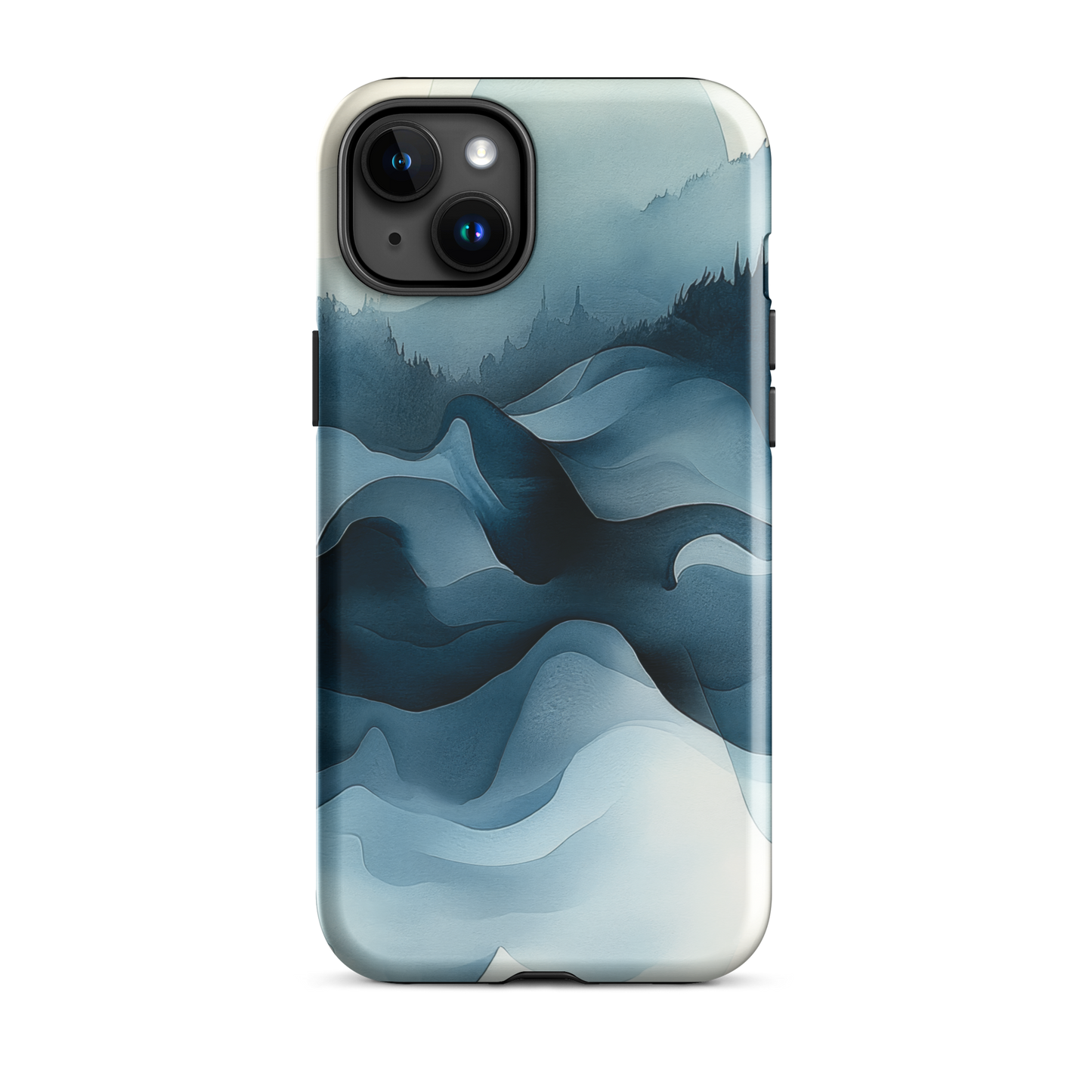 A calming abstract landscape protective phone case inspired by quiet valleys and soft blue tones.