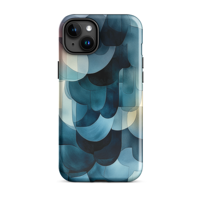 A modern abstract phone case featuring layered blue forms and soft flowing shapes.