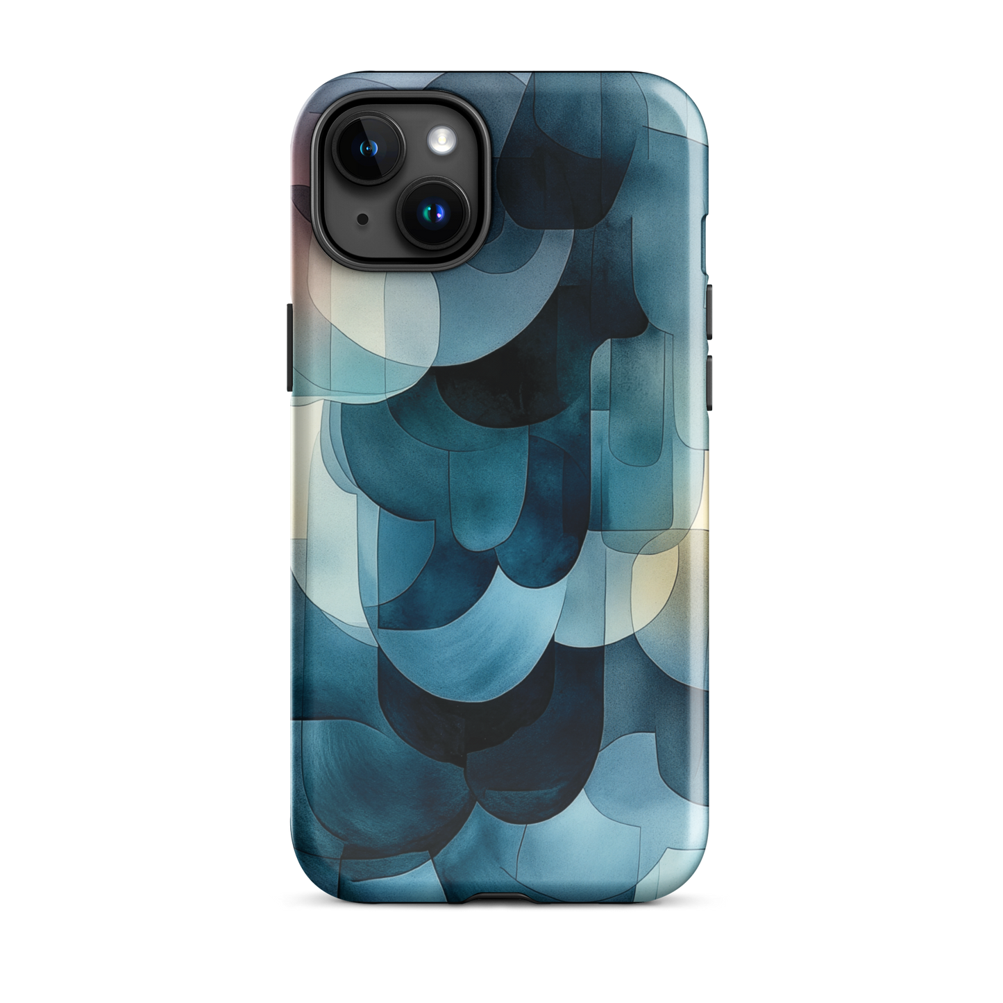A modern abstract phone case featuring layered blue forms and soft flowing shapes.