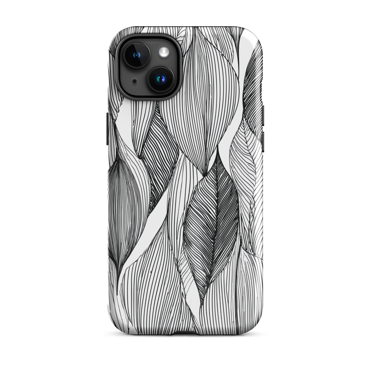 A minimalist phone case featuring fine black botanical linework in a repeating leaf pattern.