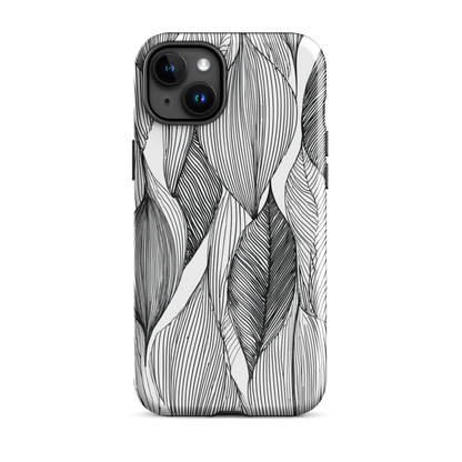 A minimalist phone case featuring fine black botanical linework in a repeating leaf pattern.