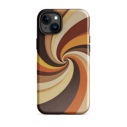 A retro-inspired phone case featuring warm swirling patterns in orange, yellow, and brown tones.