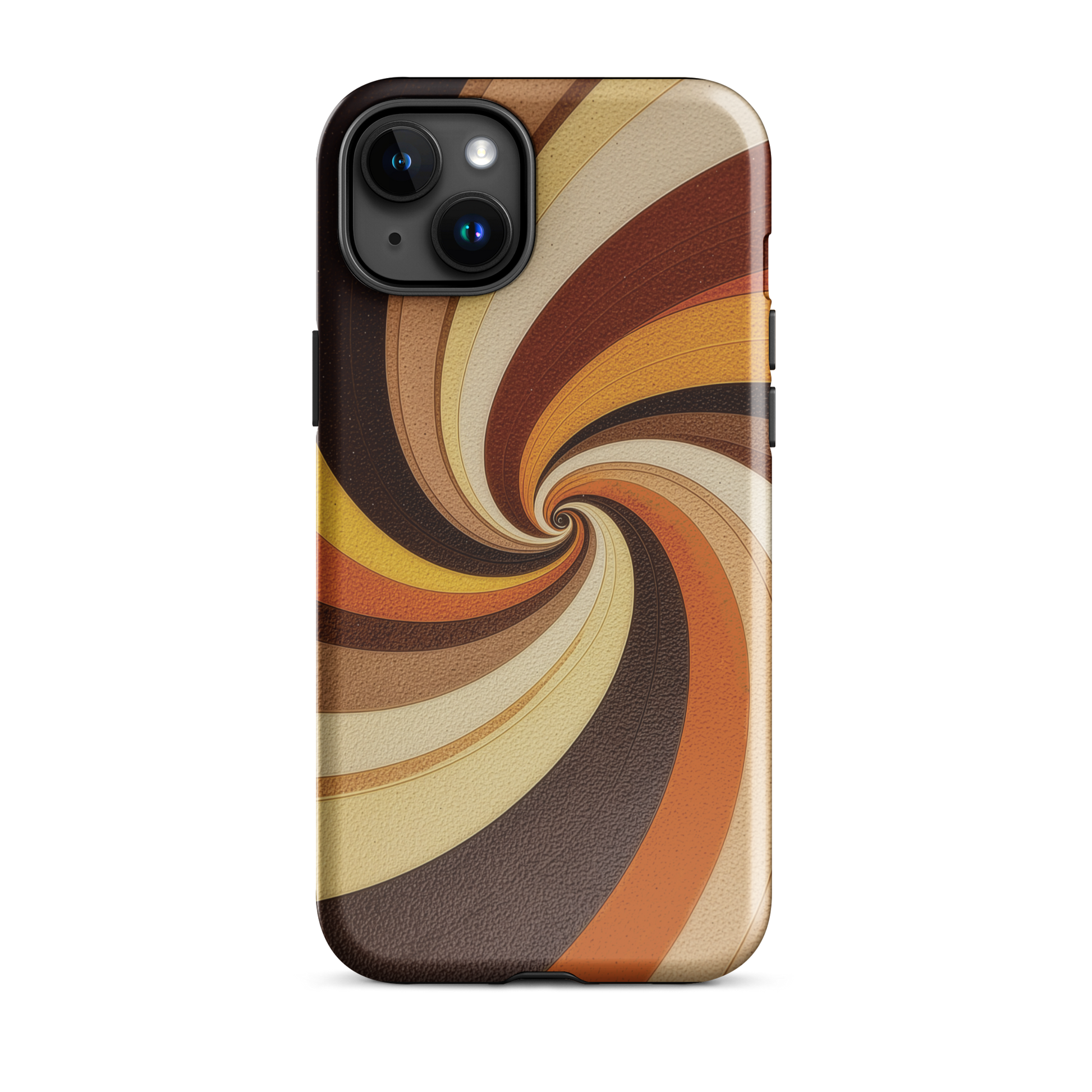 A retro-inspired phone case featuring warm swirling patterns in orange, yellow, and brown tones.