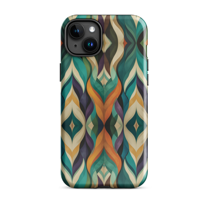 A bold geometric phone case featuring layered shapes in rich, earthy tones.
