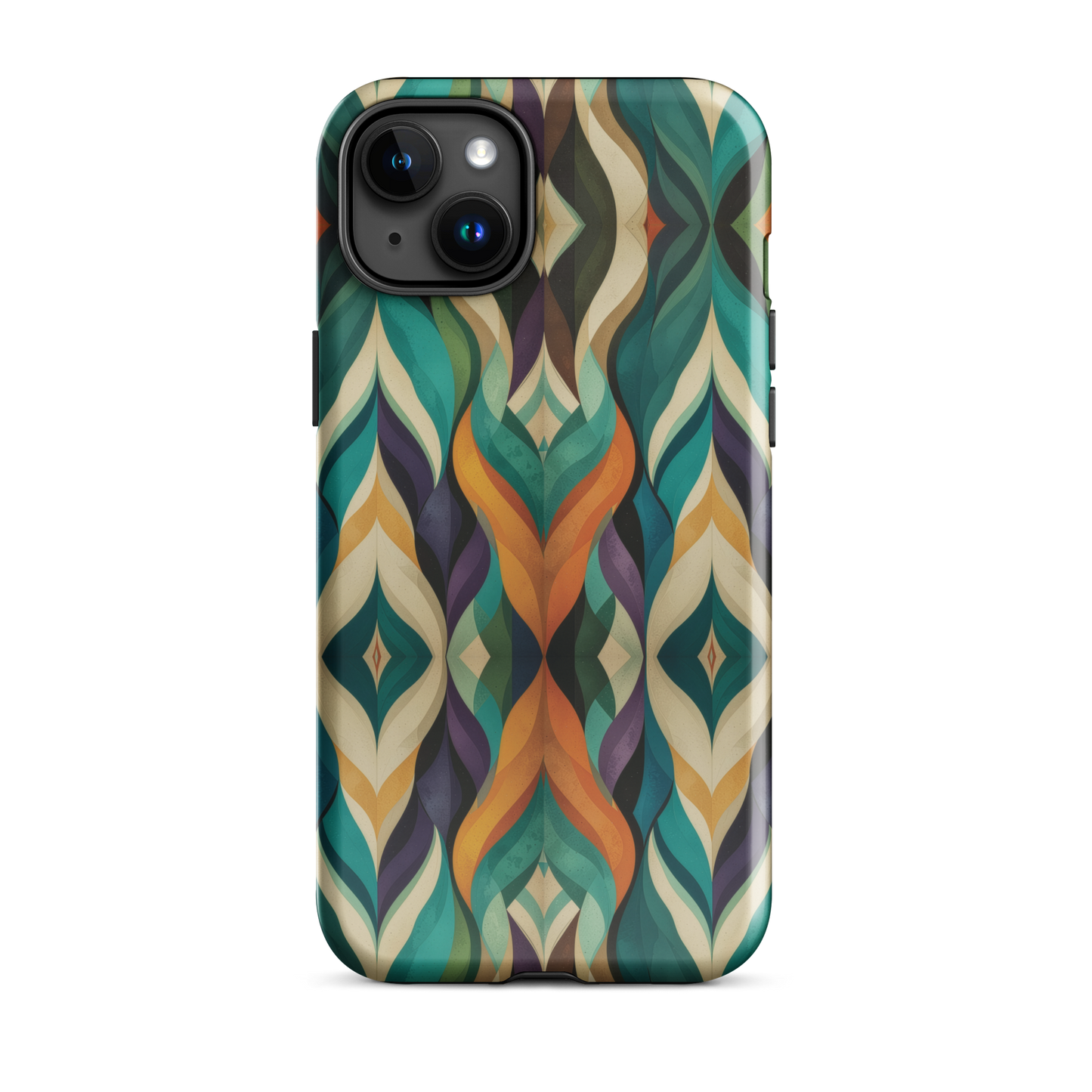A bold geometric phone case featuring layered shapes in rich, earthy tones.