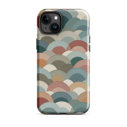 A soft retro-inspired phone case featuring layered arc shapes in warm, earthy tones.