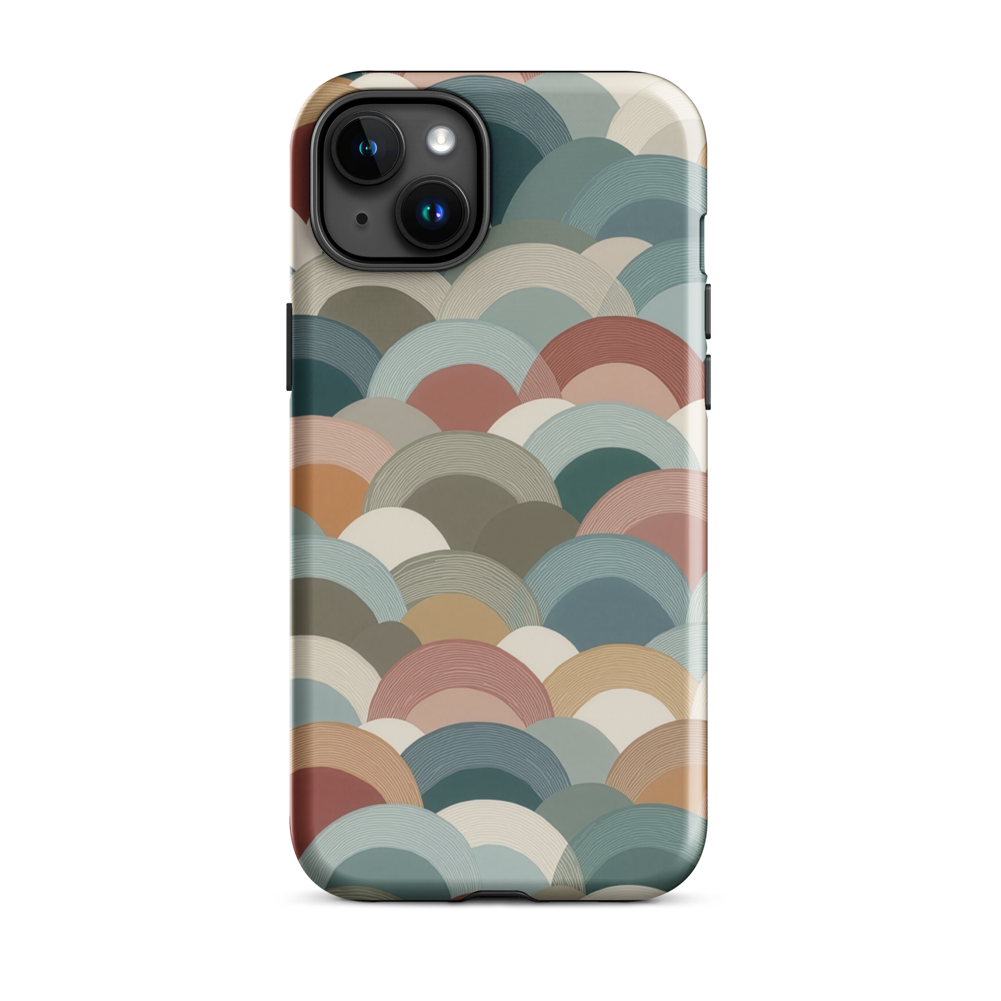 A soft retro-inspired phone case featuring layered arc shapes in warm, earthy tones.